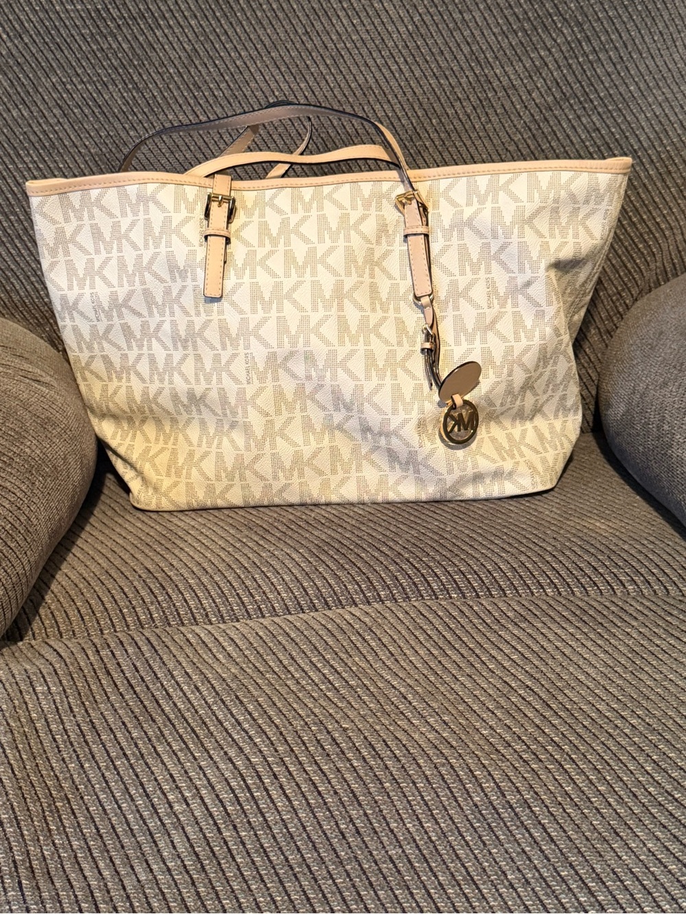 Michael Kors Cream Logo Tote with Tan Trim